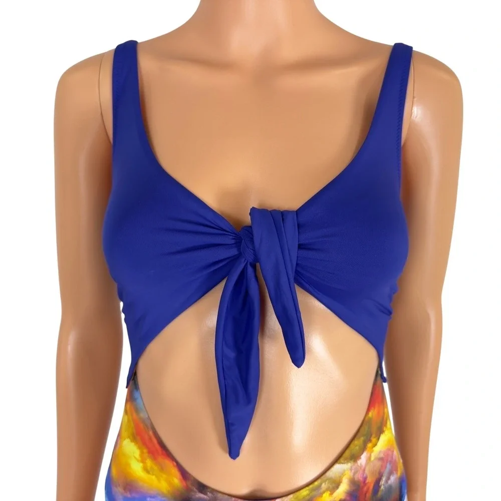 Zuiki Reversible One‎ Piece Swimsuit Blue Abstract Cloud Print Cutout Tie Front